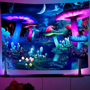 Fluorescent Mushroom Wall Hanging Tapestry Nature Art Starry Sky Galaxy Psychedelic Carpet Indian Mandala Dark Glowing Tapestry