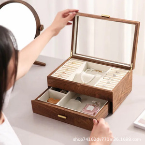 Black Walnut Jewelry Box Rectangle 18L Solid Wood <b>Storage</b> For Necklaces Earrings <b>Rings</b> Desktop Organizer - Product Image 2