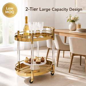 Chariot de service de boissons de <span class=keywords><strong>mariage</strong></span> ovale à 2 niveaux en or de luxe moderne avec pieds en acrylique transparent, chariots de bar à nourriture portables pour banquets - Product Image 3