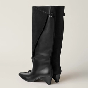 Women Custom Low Spike Heels Long <b>Boots</b> Pointy Toe Knee High Booties on Stiletto Dress Suede Leather Patchwork Shoes - Product Image 4