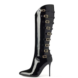 Large Size 46 Metal Buckles Slim Heels Shoes Women Pointed Toe Patent Long Side Zipper Sexy Knee High <b>Boots</b> - Product Image 2