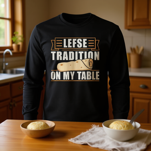 T-shirt a maniche lunghe Lefse Tradition On My Table con design del pane piatto norvegese - Product Image 3