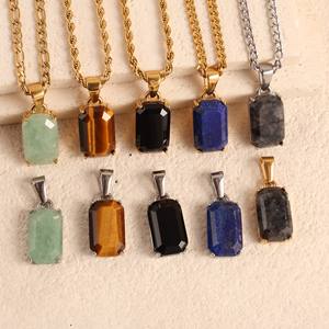 <span class=keywords><strong>Collier</strong></span> Pendentif Vide en Pierre Naturelle et Acier Inoxydable Tendance pour Homme, Bijoux en Lapis, Aventurine, Onyx Noir Plaqués Or 18k - Product Image 1