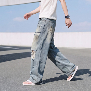 <span class=keywords><strong>Jean</strong></span> bleu <span class=keywords><strong>d</strong></span>élavé et <span class=keywords><strong>d</strong></span>échiré coupe droite ample style streetwear, design cool et élégant, polyvalent et confortable, pantalon long à jambe large - Product Image 3