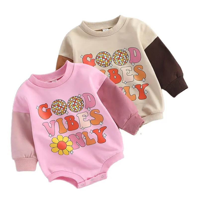 2023 Herfst Babymeisje Goede Vibes Alleen Oversized Sweatshirt Romper Bodysuit Kleur Blok Lange Mouw Baby Trui Bubble Romper