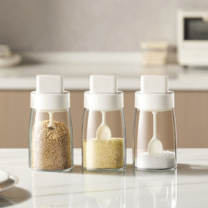 HeDou Spice Jar With Spoon Moisture Proof Glass Container For Salt Pepper Seasoning Storage M Size - Product Image 2