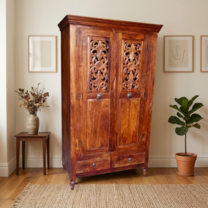 Armoire en bois moderne sculptée à la main avec 2 portes et tiroirs, organisateur de vêtements pour chambre, hôtel, ferme, style indien - Product Image 5