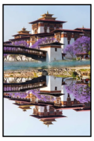 Impression de paysage contemporain du Bhoutan, pont couvert de Dzong, arbre de Jacaranda violet, toile imprimée numérique 6 couleurs, sans cadre, décoration intérieure