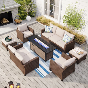 Dwoo 8 Piece Patio Conversation Set Beige Outdoor Courtyard Rattan Furniture Garden with <b>Fire</b> <b>Pit</b> <b>Table</b> - Product Image 2