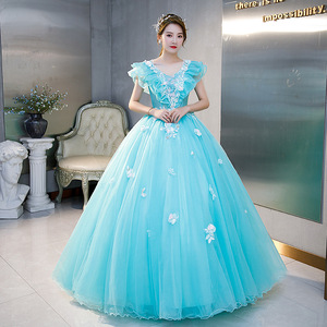 Ice Blue Ball Gown Sweetheart Neckline Chiffon Prom Dress Floral Print Empire Waistline Women's Evening Gown - Product Image 2