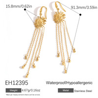 SUMMLY Pendientes Largos Vintage con Diseño de Sol y Múltiples Borlas, Chapados en Oro de 18K, de Acero Inoxidable con Cuentas Colgantes, Joyería de Moda