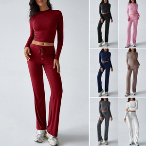 Özel LOGO Y2K kadınlar gündelik spor giyim 2 parça Set Slim Fit uzun kollu kırpma üst İpli pantolon katı eğlence takım elbise - Product Image 1