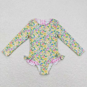 Traje de baño de una pieza con volantes y estampado floral de melocotón de manga larga para bebés y niñas pequeñas - Product Image 6
