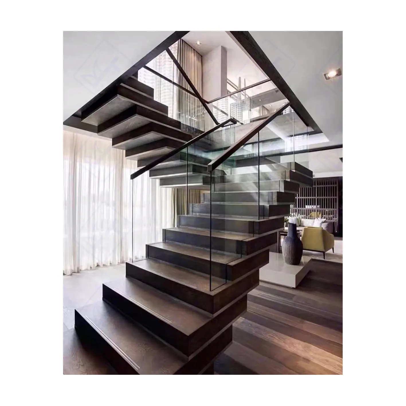 stainless steel Stacked stairs wooden step glass railing
