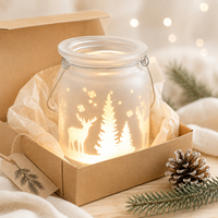 En gros Pot à bougie vide en verre dépoli avec poignée en fil métallique, motif cerf et sapin, accent cadeau saisonnier d'hiver