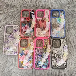 New color print butterfly notched glitter drop glue chain cell phone case for iphone 14pro 14 13 12