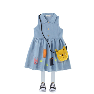 Vêtements pour enfants, chemise à col, robe sans manches à imprimé chat de dessin animé, jeans pour filles - Product Image 1