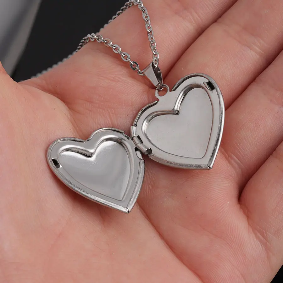 Poliertes Herz Edelstahl Charm Medaillon Anhänger Halskette Foto in glatter Oberfläche Look Schmuck