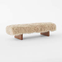 Banc rembourré en peau de mouton de Mongolie couleur taupe avec pieds en bois de noyer, idéal pour l'entrée ou la chambre, ensemble de meubles de salon modernes