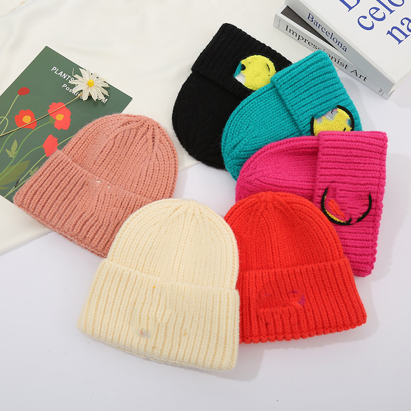 Модная Детская шерстяная шапка со смайликом, плотная мягкая теплая детская шапка, вязаные шапки