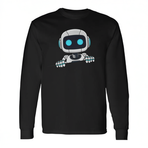 T-shirt à manches longues avec visage de robot mignon pour enfants, design de robot AI, en coton noir, unisexe - Product Image 2