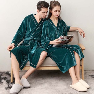 Peignoir <span class=keywords><strong>de</strong></span> luxe <span class=keywords><strong>personnalisé</strong></span> bleu marine unisexe en flanelle Kimono Dressing Gown pour la maison Salon ou hôtel Peignoir <span class=keywords><strong>de</strong></span> beauté avec velours doré - Product Image 3