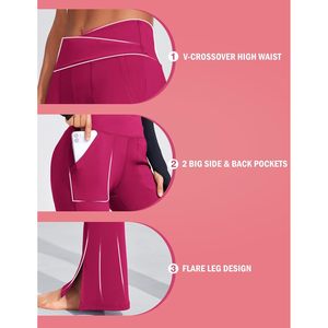 FOXA Women's High Waist <b>Flare</b> Legging Tummy Control Yoga Pants With Pockets Spandex Nylon Material - Product Image 3