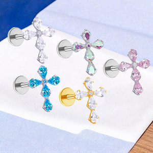 Clous d'oreille croisés en alliage de titane avec zircon et cristal, bijoux de piercing pour oreille et lèvre, cadeau ASTM F136 - Product Image 3