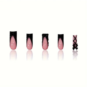 Offre Spéciale : 24 <span class=keywords><strong>faux</strong></span> <span class=keywords><strong>ongles</strong></span> français noirs scintillants, amovibles et à presser pour application sur les doigts - Product Image 4