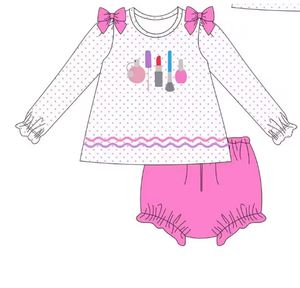Conjunto de 2 Piezas para Niñas, Top de Manga Larga con Estampado de Puntos, Pantalones Cortos, Lazo Dulce con Volantes, Ropa para Niñas Pequeñas con Diseño de Maquillaje - Product Image 2