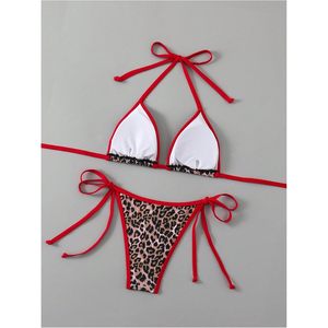 FOXA Women's Leopard <b>Bikini</b> <b>Set</b> Halter <b>String</b> Triangle Swimwear 2 Piece Stretch Spandex Polyester - Product Image 4