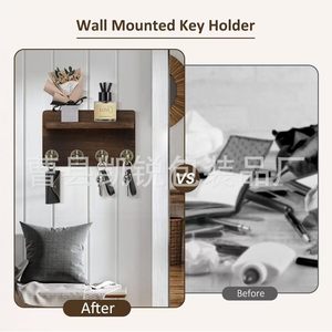 Wooden Key Storage Rack Solid Wood Wall Mounted <b>Shelf</b> With <b>Hooks</b> For Entryway Organization - Product Image 3