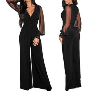 จั๊มสูทขายาวลำลองสำหรับฤดูร้อน แฟชั่นผู้หญิง จั๊มสูทขายาวแขนยาวสีพื้น จั๊มสูทจีบระบายขากว้างสำหรับผู้หญิง - Product Image 3