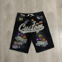 Shorts en jean mi-longs déchirés et délavés, brodés à la machine avec strass thermocollants, style streetwear, pour l'été – Vente en gros