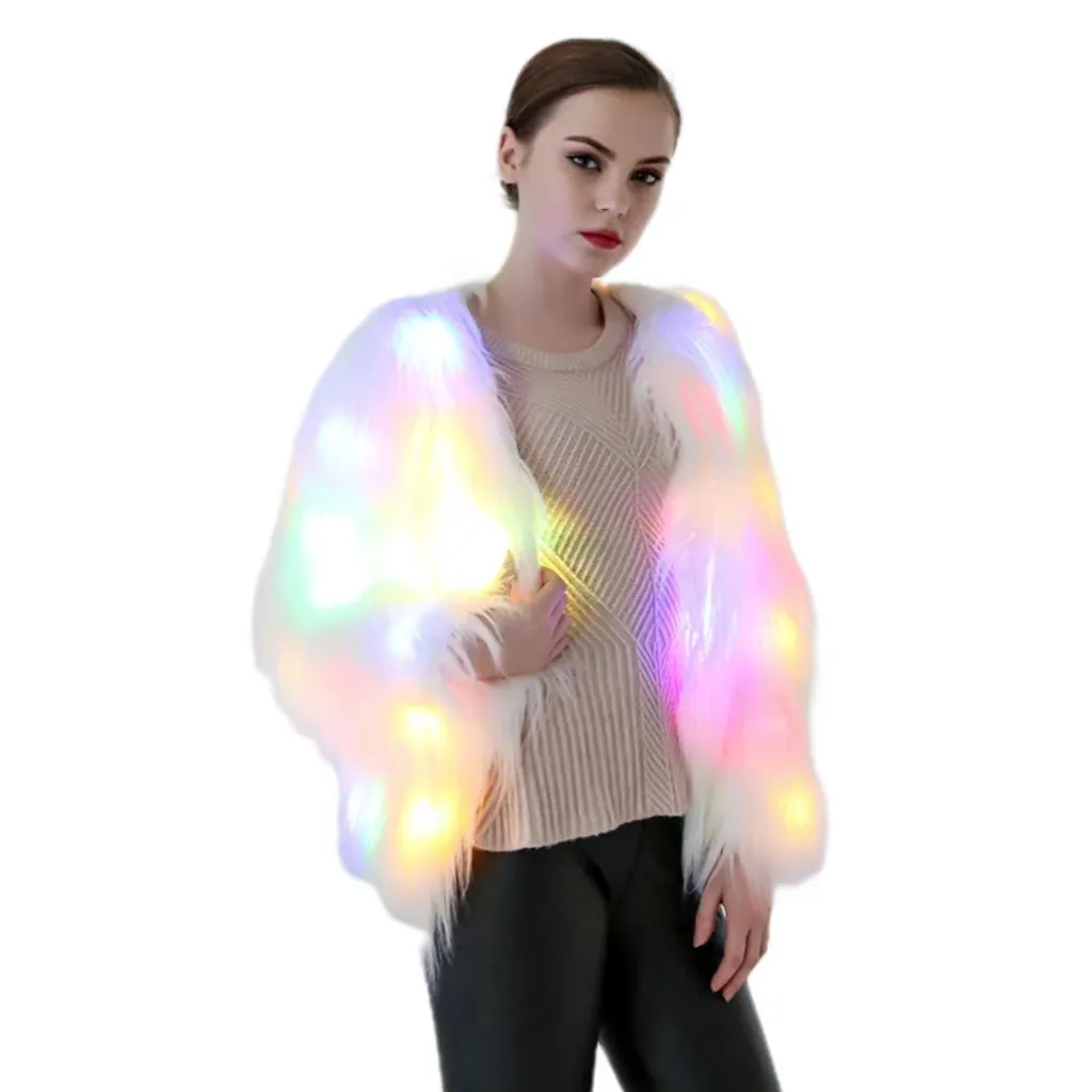 Disfraz personalizado de Halloween, chaqueta con luz LED, abrigo de invierno para mujer, abrigo de piel sintética luminoso para club nocturno, escenario, disfraces de Navidad