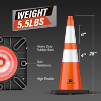 RoadHero – Lot de 8 cônes de signalisation orange de 28 pouces (55 lb) avec col réfléchissant et base noire robuste en PVC pour la construction de parkings