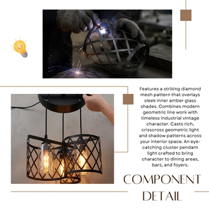 Luminaire suspendu en treillis de diamants à 3 lumières, lampe suspendue en métal noir à maille croisée avec verre ambré - Product Image 5