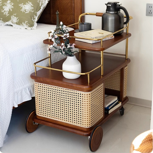 Roues de <span class=keywords><strong>chariot</strong></span> en <span class=keywords><strong>bois</strong></span> massif Double étagères Table d'appoint multifonctionnelle de couleur de bûche en <span class=keywords><strong>bois</strong></span> de frêne pour salon salle à manger zone de lecture - Product Image 4