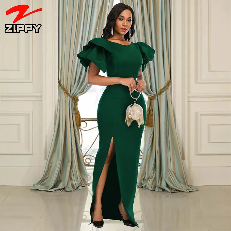 2022 hot sale sexy sleeveless ruffles evening dress high waist plus size slim bridesmaid dresses slit green dress for women