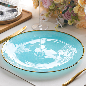 Placas de cargador de vidrio blanco azul a granel ecológicas con <span class=keywords><strong>vajilla</strong></span> de borde dorado para platos inferiores para fiestas de boda - Product Image 2