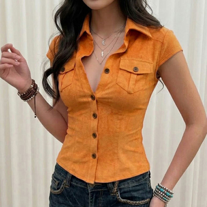 Camisa Retro de Cuello Polo para Mujer, Ajustada, Sexy, de Manga Corta, con Bolsillos, Estilo Urbano y de Trabajo, Blusa Corta para Verano - Product Image 1