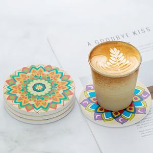Sous-verre absorbant en céramique imprimé <span class=keywords><strong>Mandala</strong></span> personnalisé sous-verres ronds de 4 pouces pour boissons café bière tasse sous-verre avec dos en liège - Product Image 5