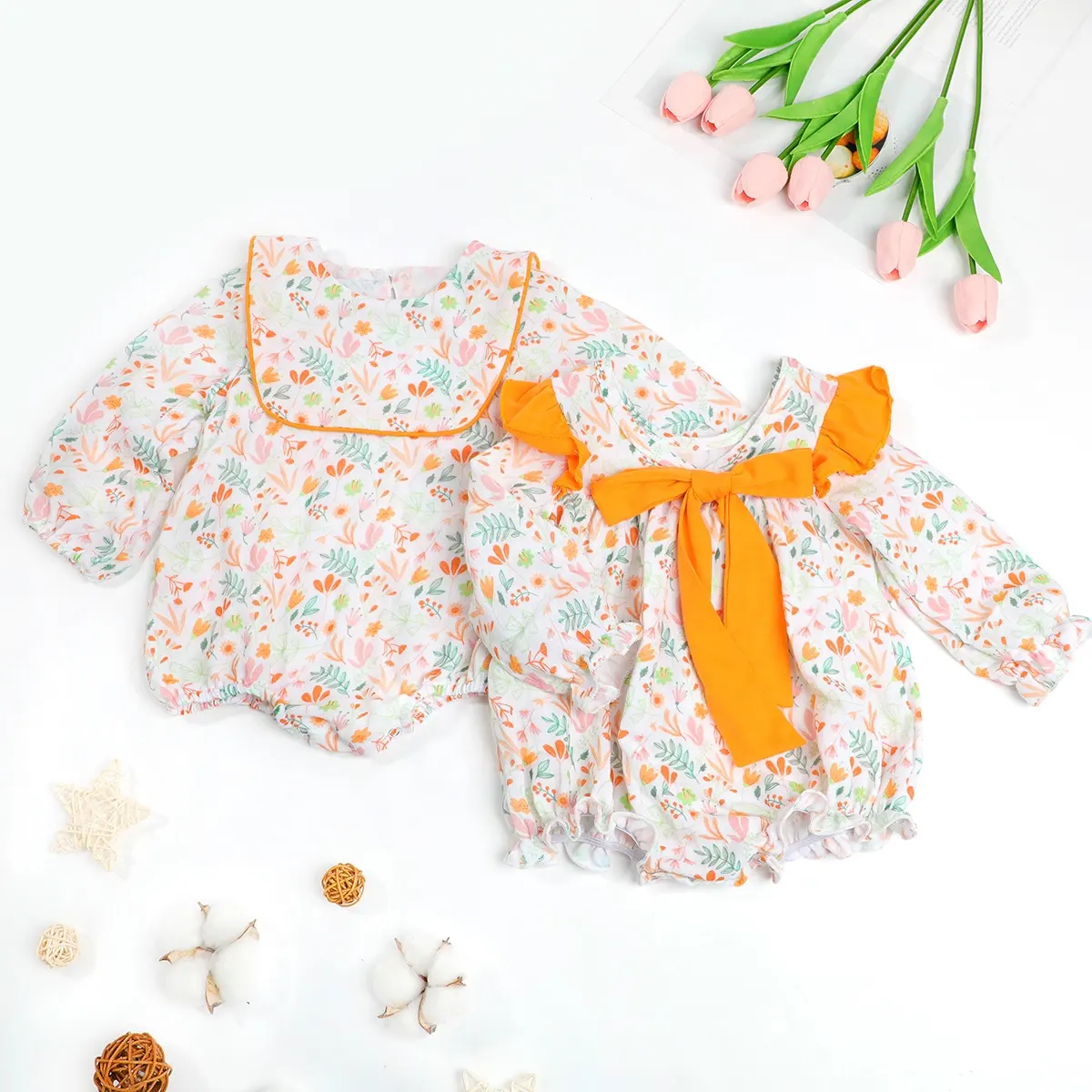 Puresun latest spring kids clothes long sleeves floral baby girl bubbles muslin cotton gauze soft newborn infant girls romper
