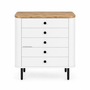 Cómoda de 5 cajones de madera maciza de mango con acabado natural, tapa de madera con acabado blanco y patas de metal |   Muebles de Dormitorio Modernos - Product Image 2