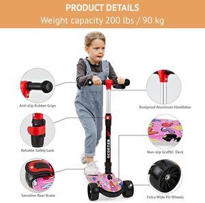 Trottinette pour enfants moderne en plastique pliable et réglable en hauteur, âges 3-12, <span class=keywords><strong>carrosserie</strong></span> graffiti, plateau extra large antidérapant en PU, éclairage - Product Image 2