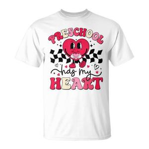 T-shirt promotionnel personnalisable pour enseignants « Groovy Preschool Has My Heart » pour la Saint-Valentin - Product Image 1