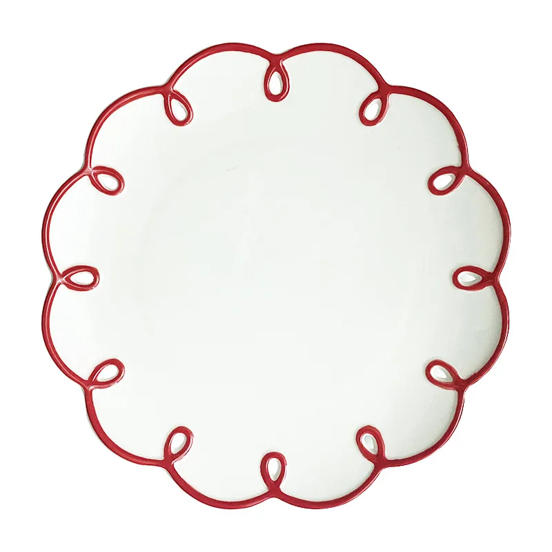 9 Inch ins Style Red Edge Relief Hollow Retro Ceramic Plate French Cute Girl Heart Breakfast Plate D