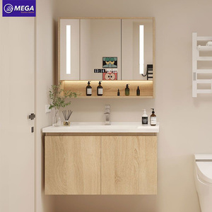 <span class=keywords><strong>Meuble</strong></span>-lavabo mural moderne en bois grainé avec armoire miroir LED et lavabo en surface solide, armoires de salle de bain résistantes à l'humidité - Product Image 1