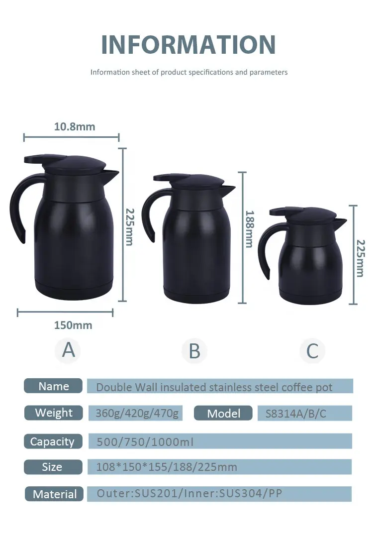 New Arrival Double Wall Insulated Vacuum Flask Stainless Steel Coffee Pot With Handle