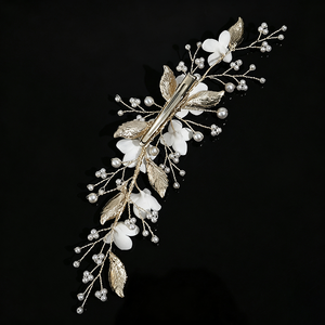 Handmade Polymer Clay Flower Bridal <strong>Hair</strong> Clip Gold Alloy Leaf Pearl Wedding <strong>Hair</strong> <strong>Piece</strong> Elegant <strong>Bridesmaid</strong> Headpiece Jewelry - Product Image 6